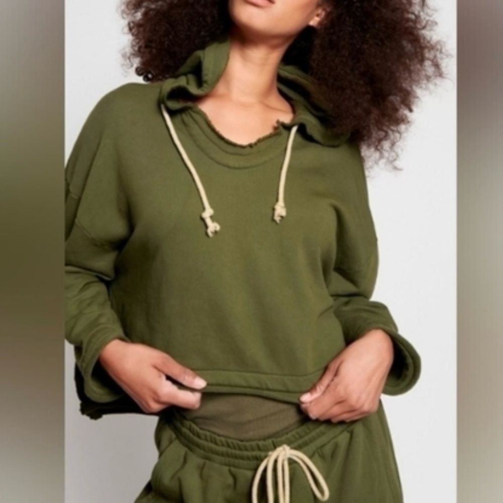 One Teaspoon Distressed Hoodie Sweatshirt Olive Khaki Green Oversized Crop M